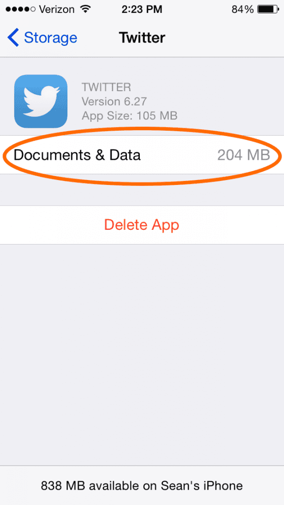 The Twitter app itself occupies 105 MB of space, but it has saved 204 MB of documents & data to my phone. Time to delete and reinstall.