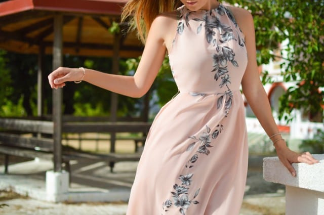 pink dress with printed flowers