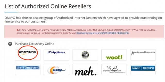 A list of authorized resellers from a manufacturer with links to their official listings