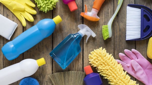 House cleaning product on wood table