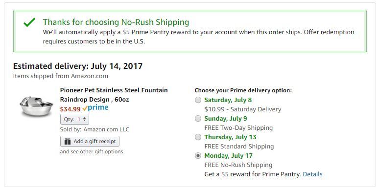 Amazon no rush shipping credit example